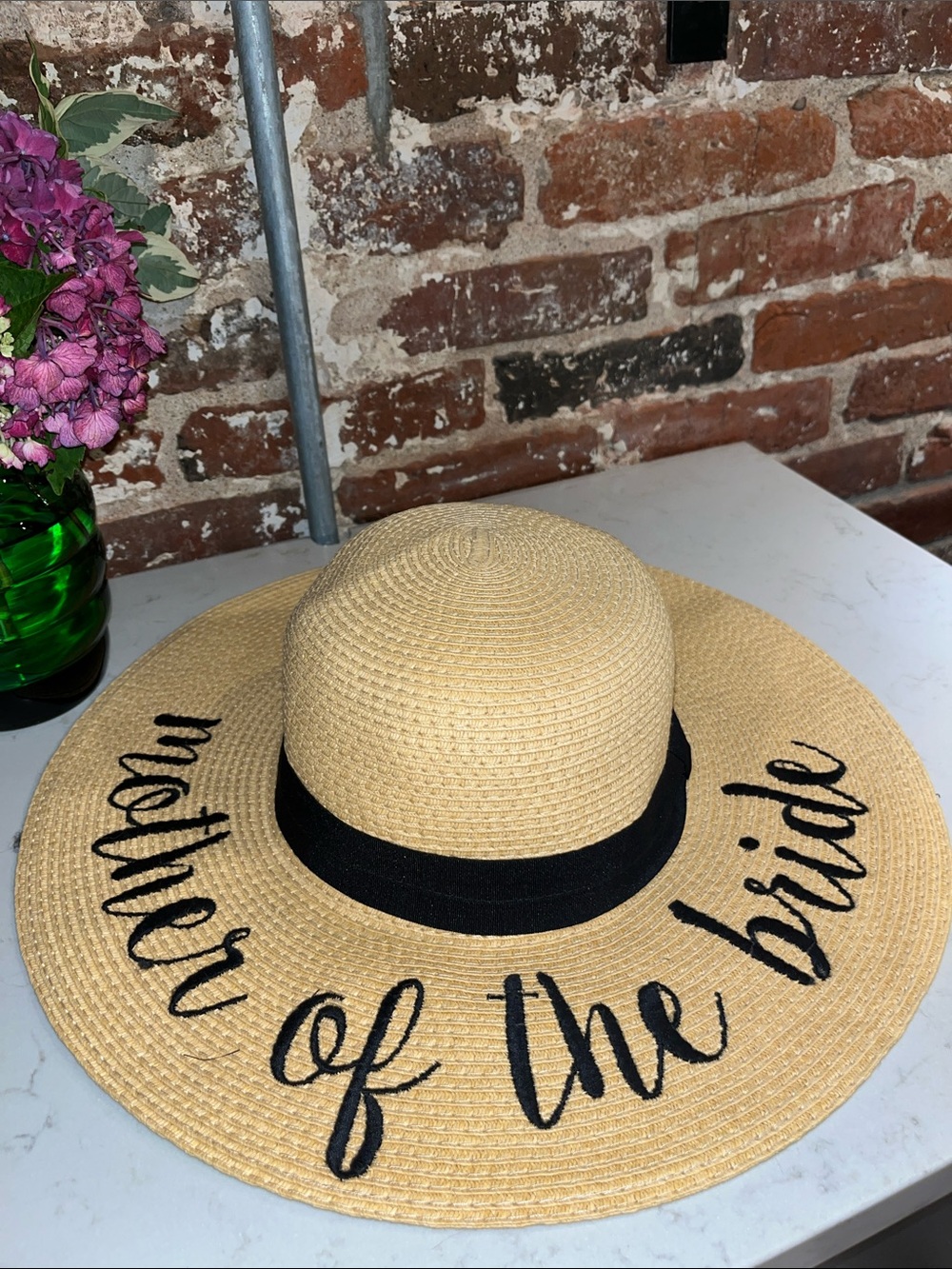 Embroidered 'Mother of the Bride' Straw Sun Hat with adjustable Black Band